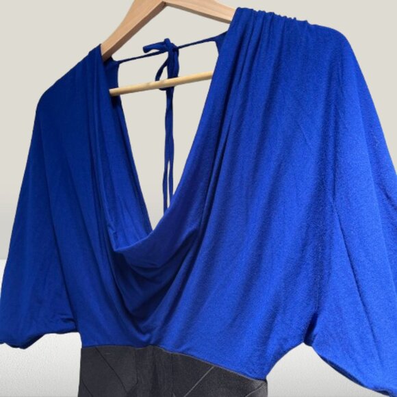 Sky‎ Mini Dress Cobalt Blue Black Kimono Sleeve Plunge Open Back Sexy NEW XS - Picture 2 of 8